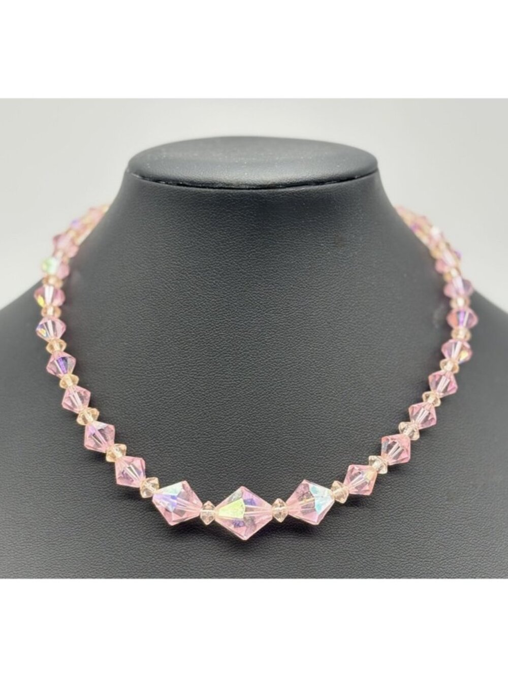 Vintage Crystal or Glass Pink Aurora Borealis Bi-Cone Single Strand Choker 1950s